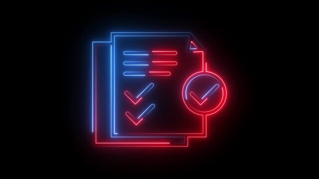 Glowing neon red and blue color clipboard with checklist icon animation business agreement document paper checkmark checkbox test note exam tick list sign symbol on black background