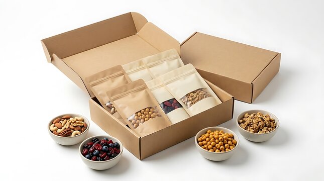 Open cardboard box with snacks dried fruits and nuts in small bowls for healthy eating. trail snack boxes