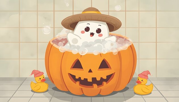 lucid origin ghost taking a bubble bath inside a carved pumpkin rubber ducks wearing wtich hat