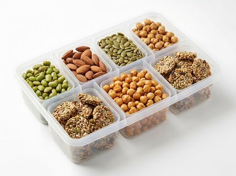 Assorted nuts seeds and healthy snacks in a divided plastic container. trail snack boxes