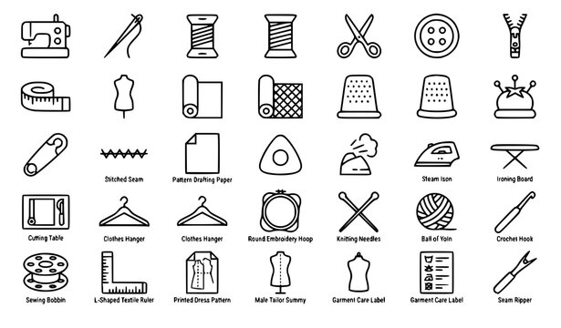 Sewing Tailoring Garment Making Editable Stroke Line Icon Set