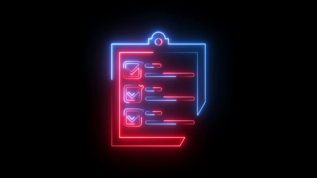 Glowing neon red and blue color clipboard with checklist icon animation business agreement document paper checkmark checkbox test note exam tick list sign symbol on black background