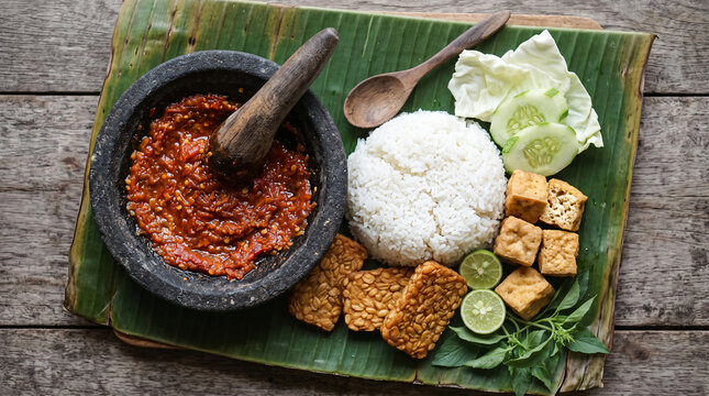 Traditional Indonesian Food with Rice Fried Tempeh Tofu Fresh Sambal Terasi and Lalapan on Banana Leaf