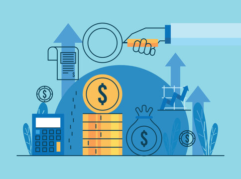 Financial Audit and Investment Analysis Vector Illustration - Revenue Growth Concept with Hand Holding Magnifying Glass, Coin Stack, Money Bag, Calculator, and Rising Arrows on Blue Background