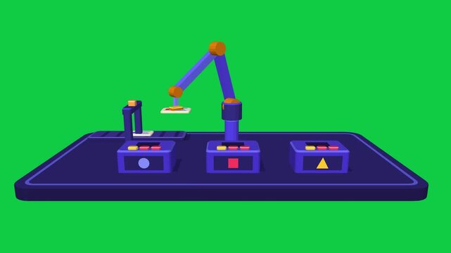 AI automation 3D animation on green screen, robot arm sorts document cards from conveyor into labeled folders with LED indicators, looping motion graphic 4K