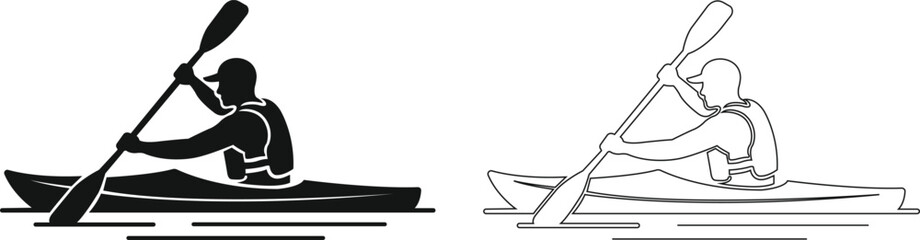 Canoe kayak kayaking paddle rower water sport icon set collection in black flat and line style editable outdoor activity elements group isolated on transparent background vector symbol © Asia