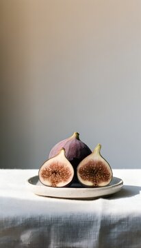 Ripe purple figs cut open on a ceramic plate