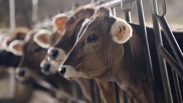 Brown Jersey dairy cows standing in a row inside a barn. The livestock is raised on a modern farm for milk and cheese production