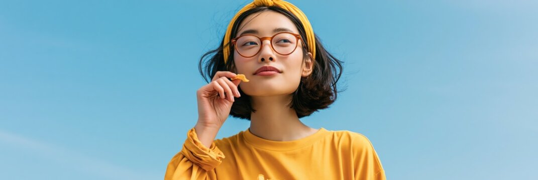 Young woman wearing glasses eating a snack against clear blue sky portrait background for fashion banner and social media header design