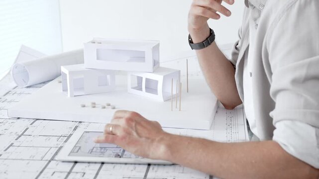 Architect working on a new building project, using a digital tablet for design and planning, surrounded by blueprints and a conceptual scale model of a modern house