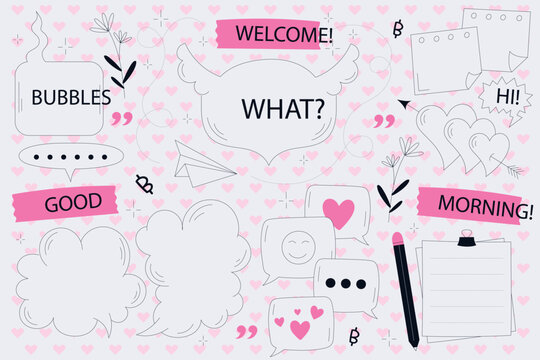 Cute Hand Drawn Speech Bubble and Memo Note Vector Set - Doodle Journal Stickers with Chat Balloons, Hearts, Paper Airplane, Pencil, and Banners WELCOME, WHAT, and GOOD MORNING on Heart Pattern Backgr