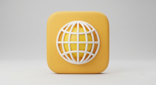 Yellow square web browser icon with white 3d globe symbol on white background.
