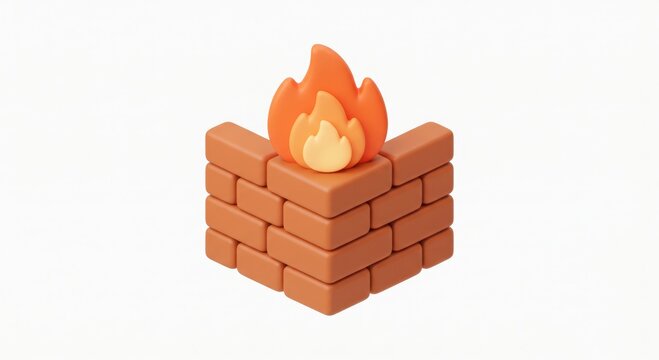 Firewall concept with orange flame rising behind brick wall structure.