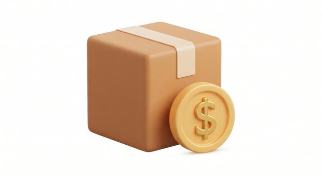 Cardboard delivery box with gold dollar coin icon signifying paid shipping and logistics services.