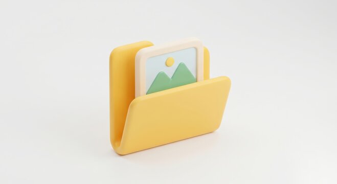 Yellow folder icon with image file inside showing green mountains and sun on light background.
