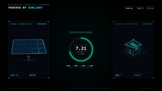 Solar energy panel, renewable power and dashboard with green technology for sustainability, electricity and home efficiency. Digital interface, infographic and smart house with eco consumption flow