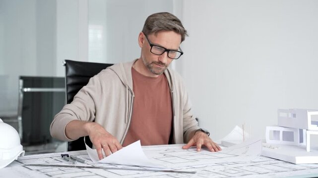 Male architect or engineer working on construction plans and architectural blueprints, reviewing design details and project documentation at office desk, developing new building solutions