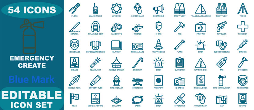 Set of fifty-four blue line icons representing emergency services, medical response, safety equipment, and disaster management tools