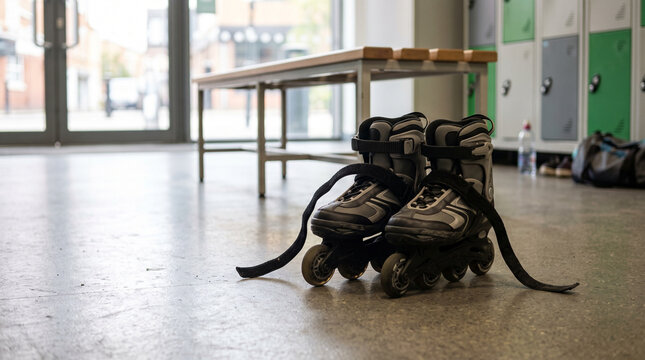 Pair of roller shoes on indoor floor