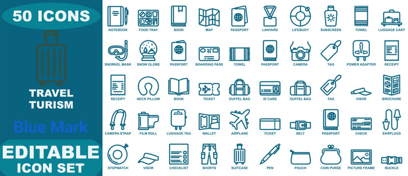 A collection of fifty blue line icons related to travel, tourism, vacation essentials, and personal for comfortable journey planning