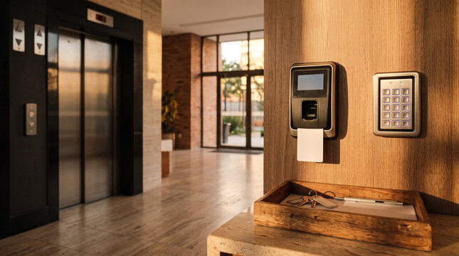 Biometric access control reader with card in office lobby