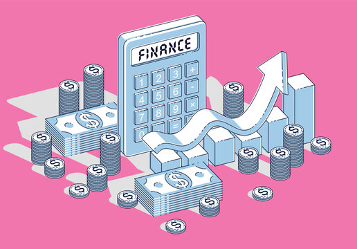 Isometric Corporate Finance and Capital Growth Vector Illustration - Financial Success Concept with Calculator, Rising Trend Arrow, Bar Chart, Money Bundles, and Coin Stacks on Pink Background