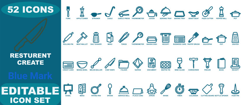 A comprehensive collection of fifty-two blue kitchen and restaurant equipment icons, featuring utensils, appliances, and cooking tools