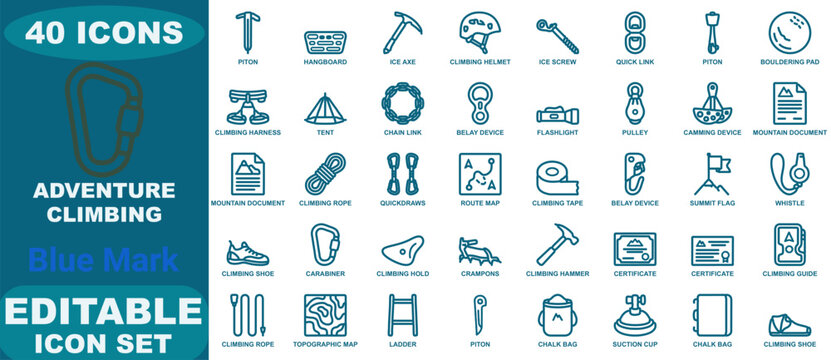 Adventure climbing icon set containing 40 blue linear symbols for mountaineering gear, rock climbing equipment, and outdoor sports tools