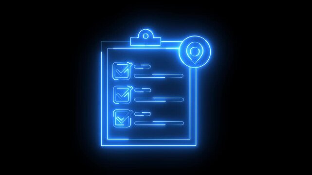 Glowing neon blue color clipboard with checklist location map icon animation business agreement document paper checkmark checkbox test note exam tick list sign symbol on black background