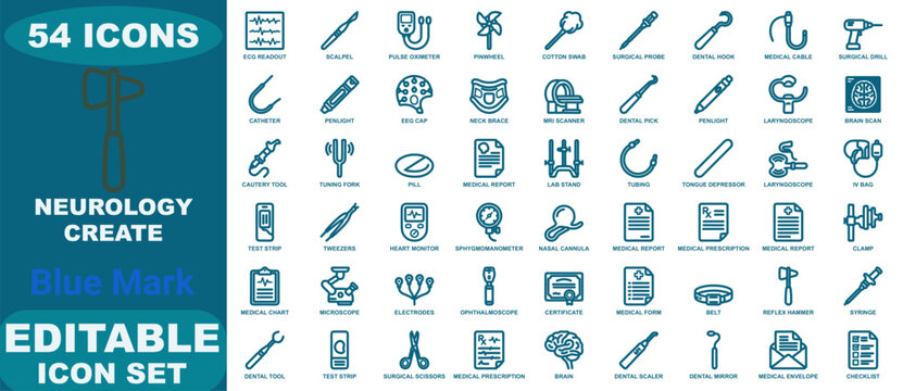 Comprehensive set of 54 neurology and medical icons featuring surgical tools, diagnostic equipment, and brain anatomy
