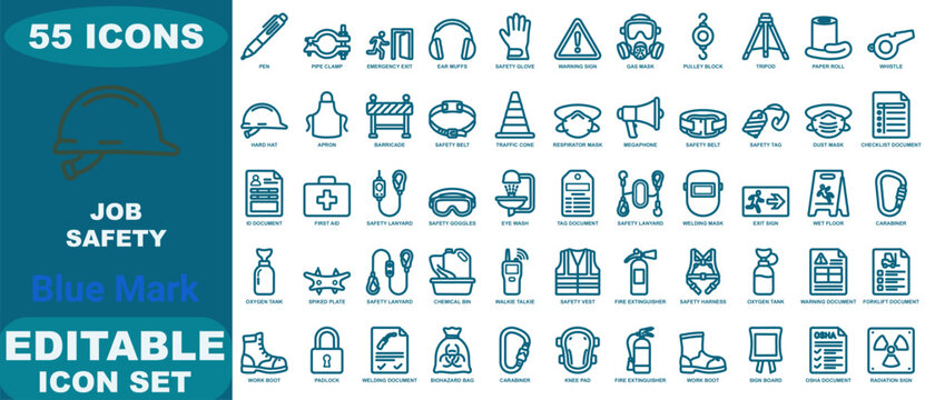 Comprehensive set of fifty-five blue line icons representing workplace job safety, protective equipment, and industrial hazard symbols