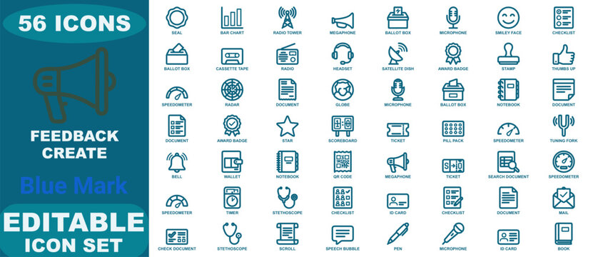 Comprehensive set of fifty-six blue outline icons for feedback and communication featuring various office and media related symbols