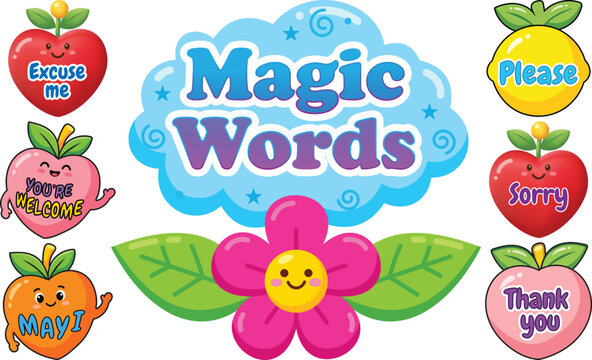 Cute polite magic words set for kids good manners education with cartoon characters vector illustration