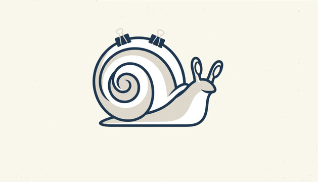 A vector illustration of a cute snail with its shell secured by binder clips, combining office supplies and nature.