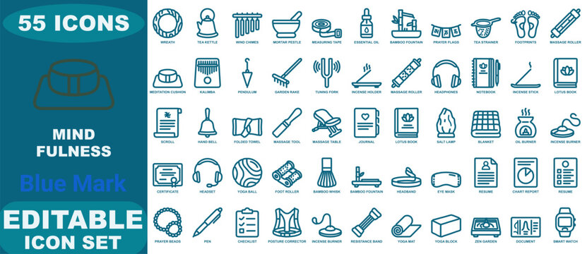 Fifty-five blue line icons for mindfulness and wellness featuring yoga equipment, meditation tools, health accessories, and relaxation