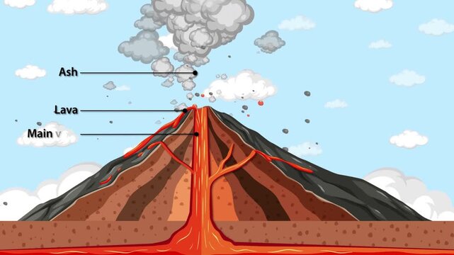 Educational vector animation of a volcano cross section showing magma chamber, vent, lava, and ash