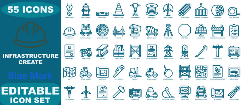 Fifty-five blue outline icons for infrastructure and construction featuring heavy machinery and building site related symbols