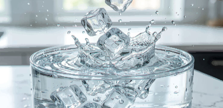 Cold ice cubes dropping into a glass bowl of water with dynamic splashing effect water splash falling ice refreshing beverage dynamic liquid clear water drinking water