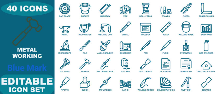 Forty blue line icons for metalworking and industrial tools featuring saw blades, hammers, welding equipment, blueprints, and calipers
