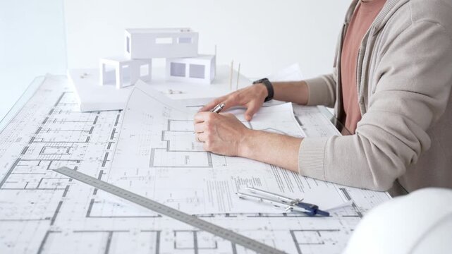 Professional architect's hands study detailed blueprints and building plans on a drafting table, with a 3d house model nearby, focusing on residential design and engineering decisions
