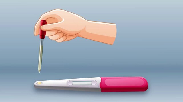 Medical pregnancy test kit animation showing positive test result with droplets
