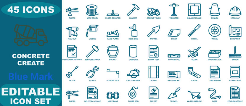 Forty five blue outline icons for concrete construction and masonry, featuring various tools, machinery, and building on white