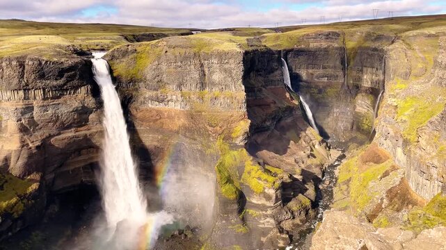 Majestic Aerial View of H&aacute;ifoss Waterfall and Canyon in Iceland