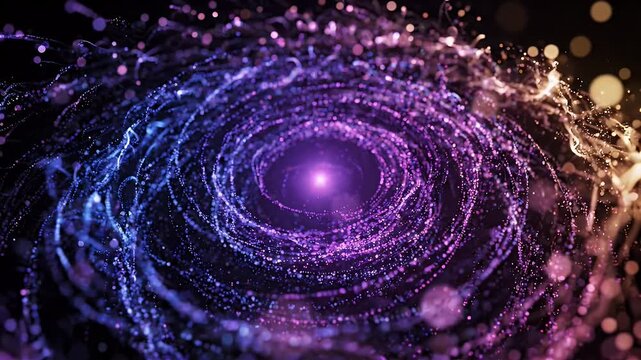 Colorful Glowing Particle Vortex - An abstract visualization of glowing particles forming a dynamic vortex with a colorful gradient, transitioning from deep purple to warm orange.