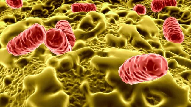 3D medical animation of bacteria, germs, or virus cells multiplying on biological tissue surface