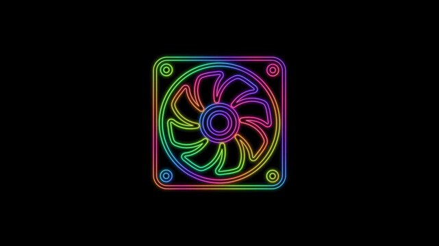 Animated RGB computer cooling fan with rotating blades, glowing neon lighting effects, vibrant color cycling, and futuristic gaming PC hardware concept on dark background.