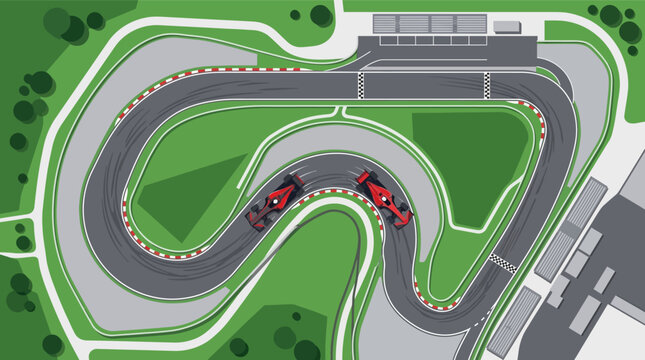 Top-down vector illustration of an aerial view of a professional race track circuit with two red open-wheel racing cars competing on a sharp curve surrounded by green landscape.