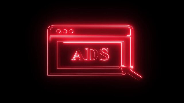 A glowing red neon-style icon of a browser window displaying the word "ADS" with a cursor pointer.