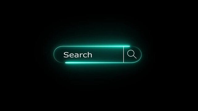 A glowing teal or turquoise neon-style web search bar with the word "Search" and a magnifying glass icon on a black background.