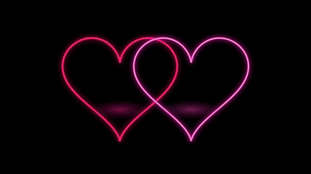 Glowing neon hearts interlocking on black background romantic pink and red light symbols vibrant heart shapes for Valentine's Day or wedding videos